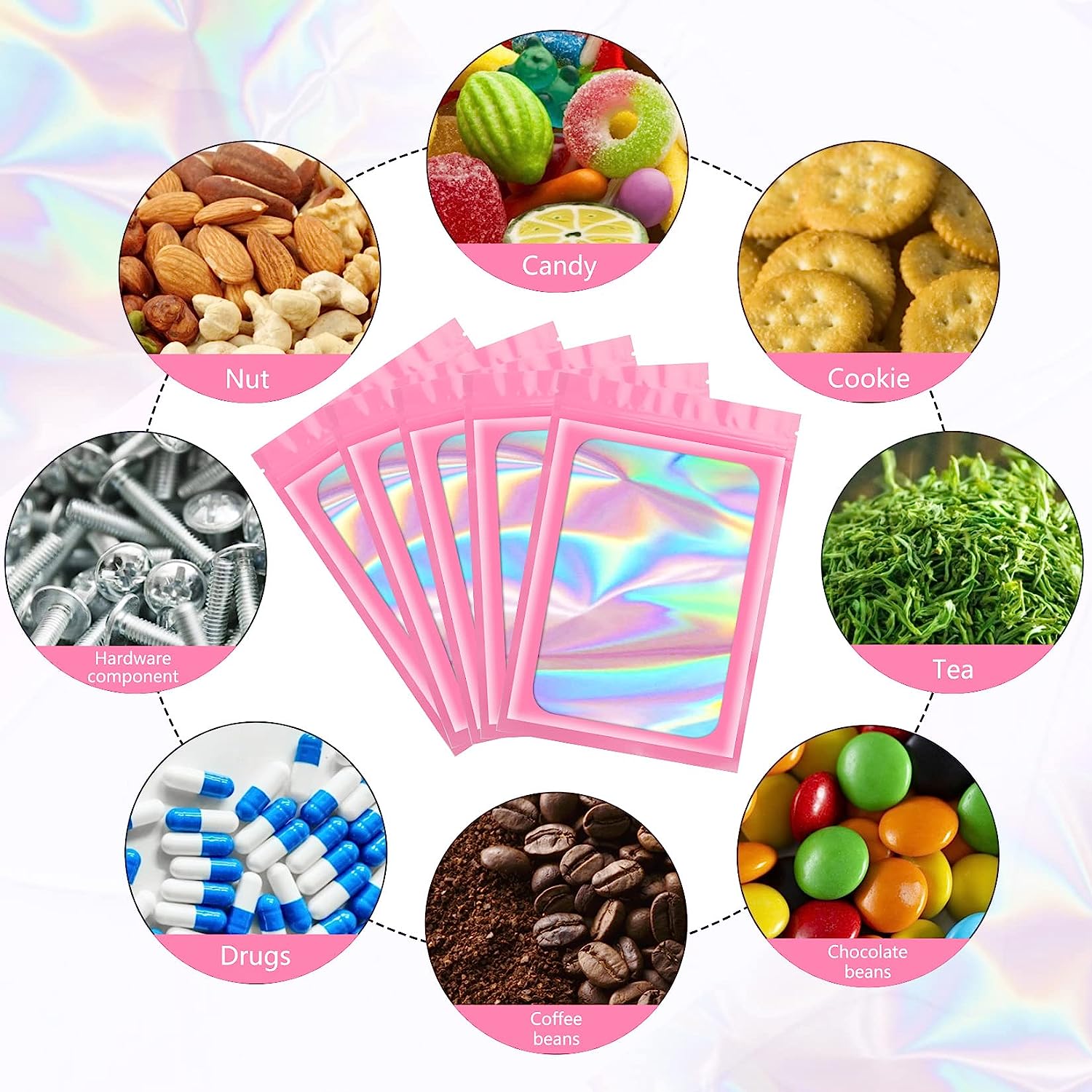 Resealable Holographic gift travel packaging food florist school bags - Pink - 50