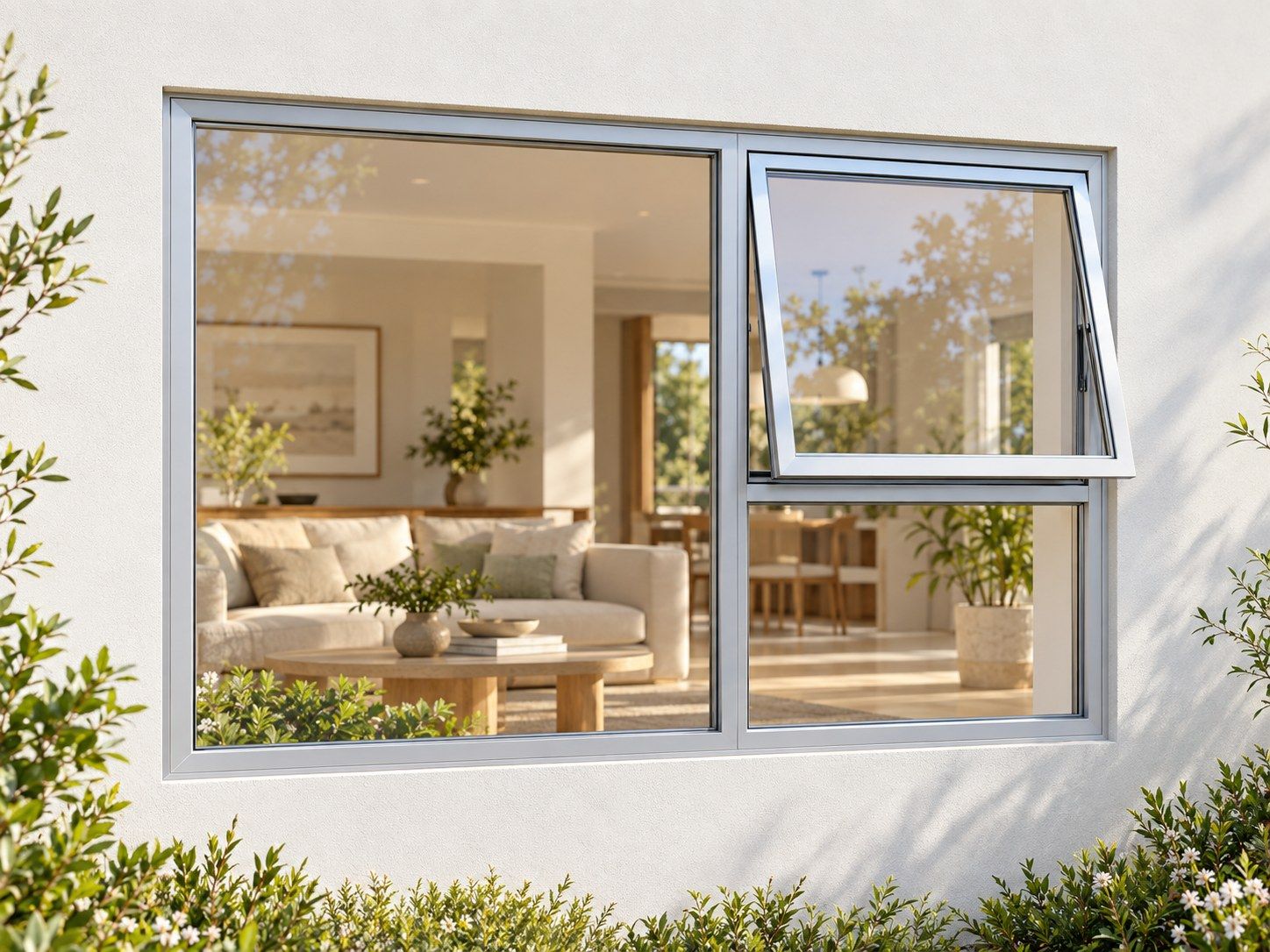 Kenzo Premium Top-Hung Aluminium Window - Silver, 1500 900 mm, Right Upper Opener with Fixed Lower and Side Panes, Clear Glass