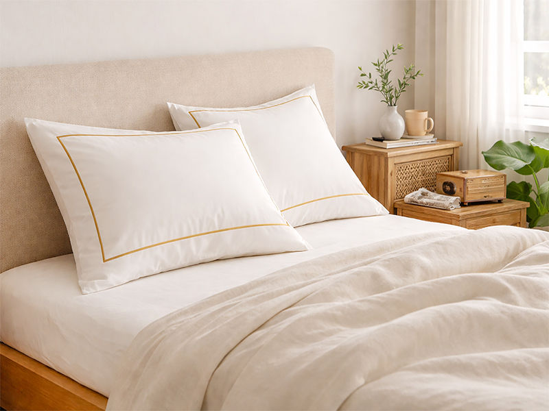 Rey's Fine Linen - Premium Collection - Oxford Artisan Gold Satin Stitch Pillow Cover Set - Euro Continental - (01 Set)