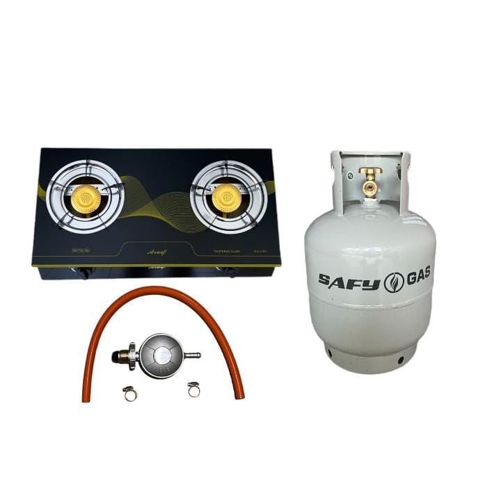 Two Burner Auto Ignition Tempered Glass Gas Stove & 9Kg Cylinder