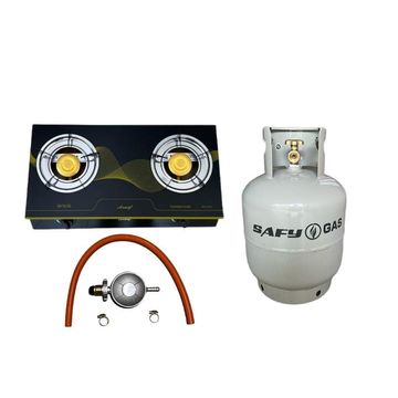 Two Burner Auto Ignition Tempered Glass Gas Stove & 9Kg Cylinder