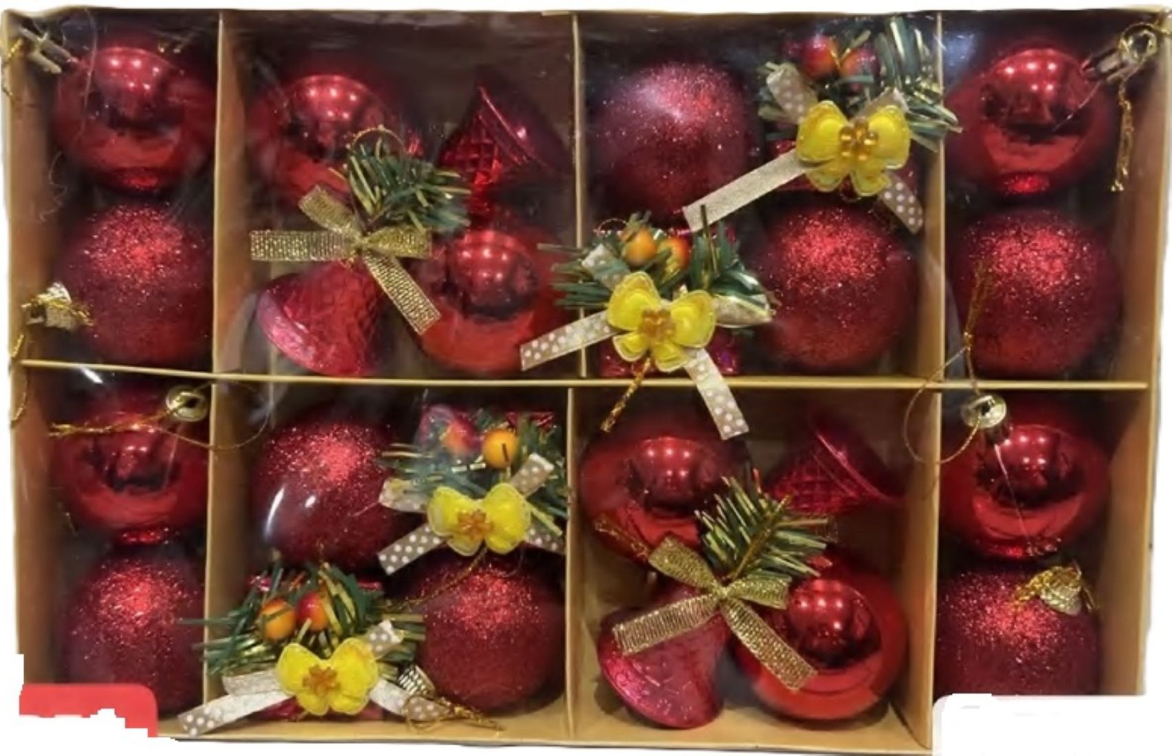 Red Glass Christmas Baubles, 25 Pack, Glitter and Matte Finish, Decorative Holiday Ornaments with Gold Bows