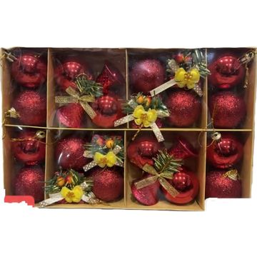 Red Glass Christmas Baubles, 25 Pack, Glitter and Matte Finish, Decorative Holiday Ornaments with Gold Bows