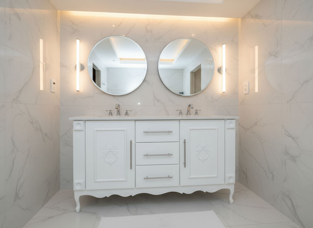 White Double Vanity, 1500 x 500, three drawer and embellishments