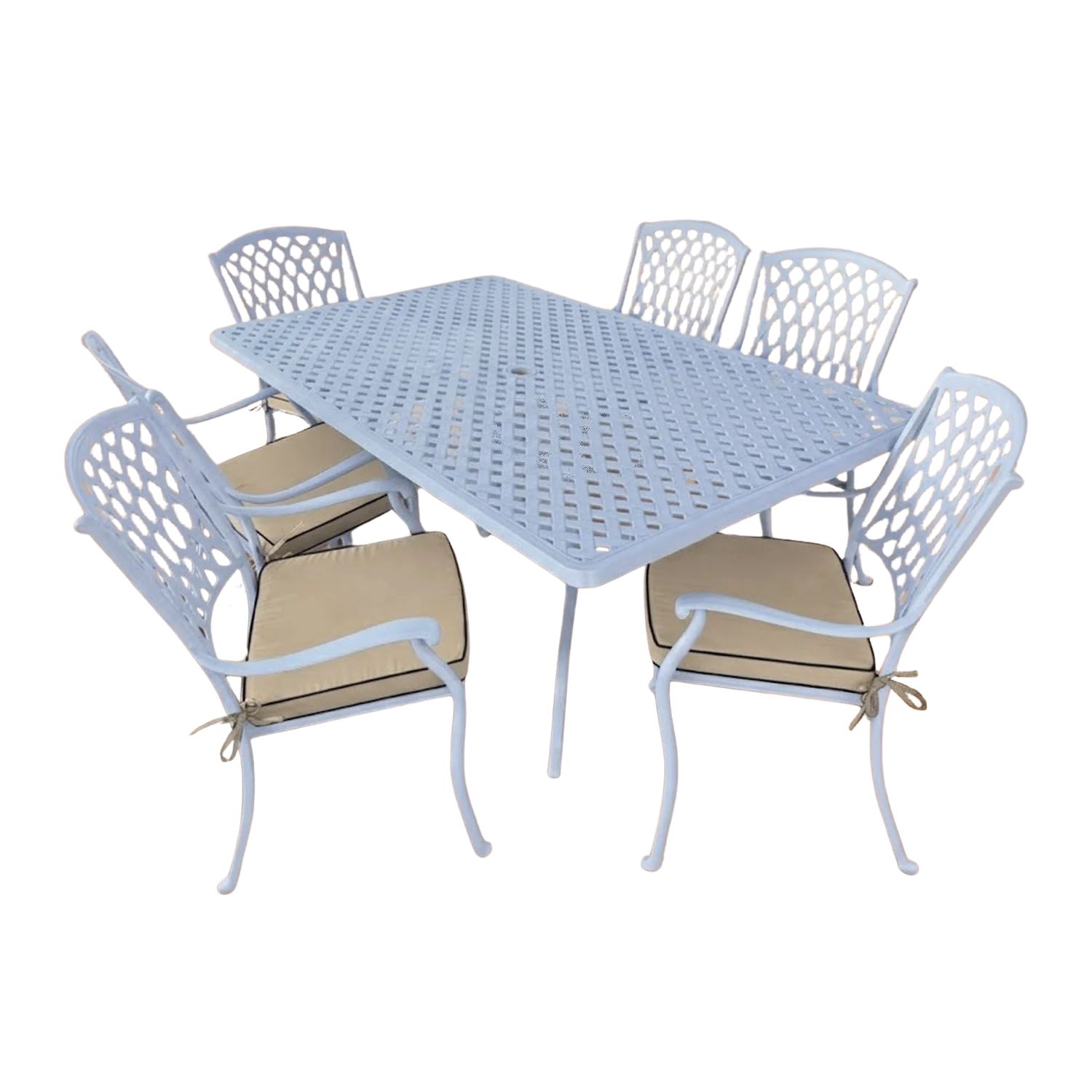Tuscan Aluminium Dining Set 6-Seater (White, Beige Cushions)