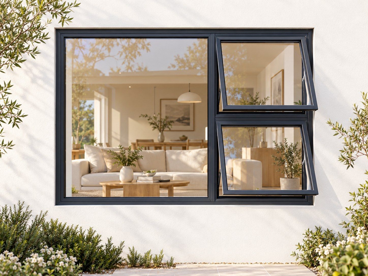Kenzo Premium Top-Hung Aluminium Window - Charcoal, 1800 1200 mm, Right Two Openers with Fixed Side Pane, Clear Glass