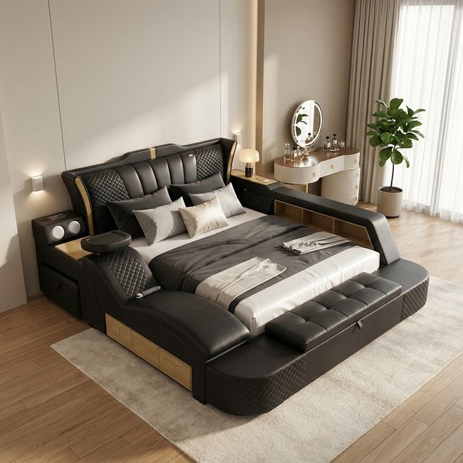 KC FURN-Luxury Multifunctional Sleigh Bed with Massage, Bluetooth & Vanity