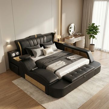 KC FURN-Luxury Multifunctional Sleigh Bed with Massage, Bluetooth & Vanity