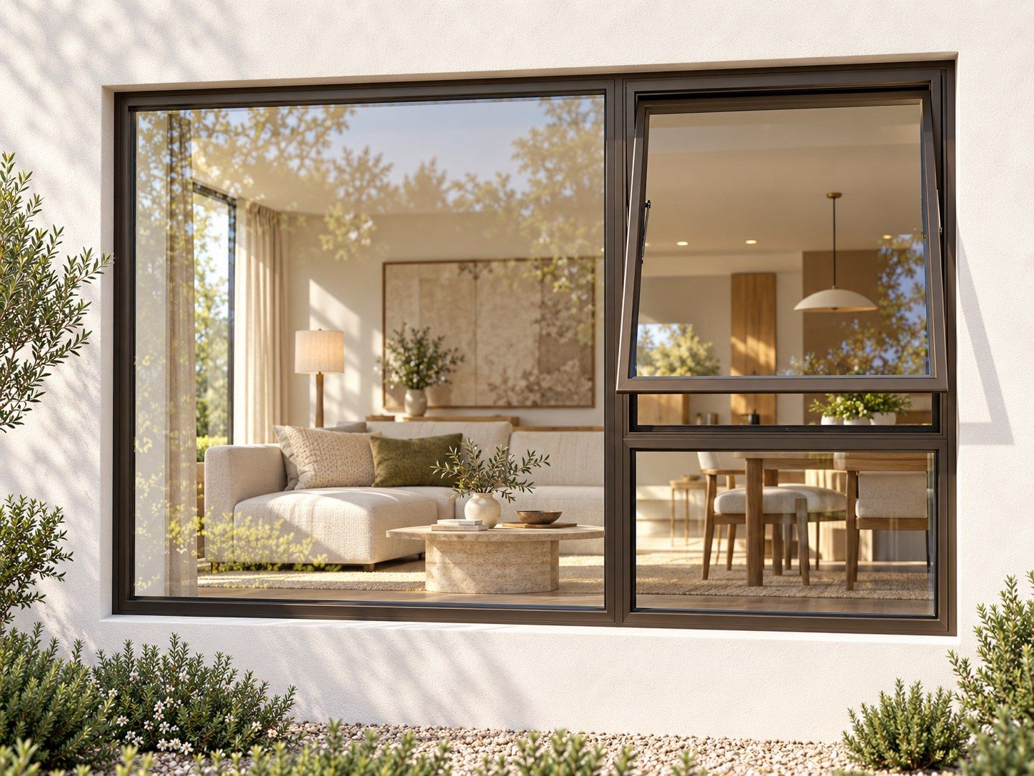 Kenzo Premium Top-Hung Aluminium Window - Bronze, 1800 900 mm, Right Upper Opener with Fixed Lower and Side Panes, Clear Glass