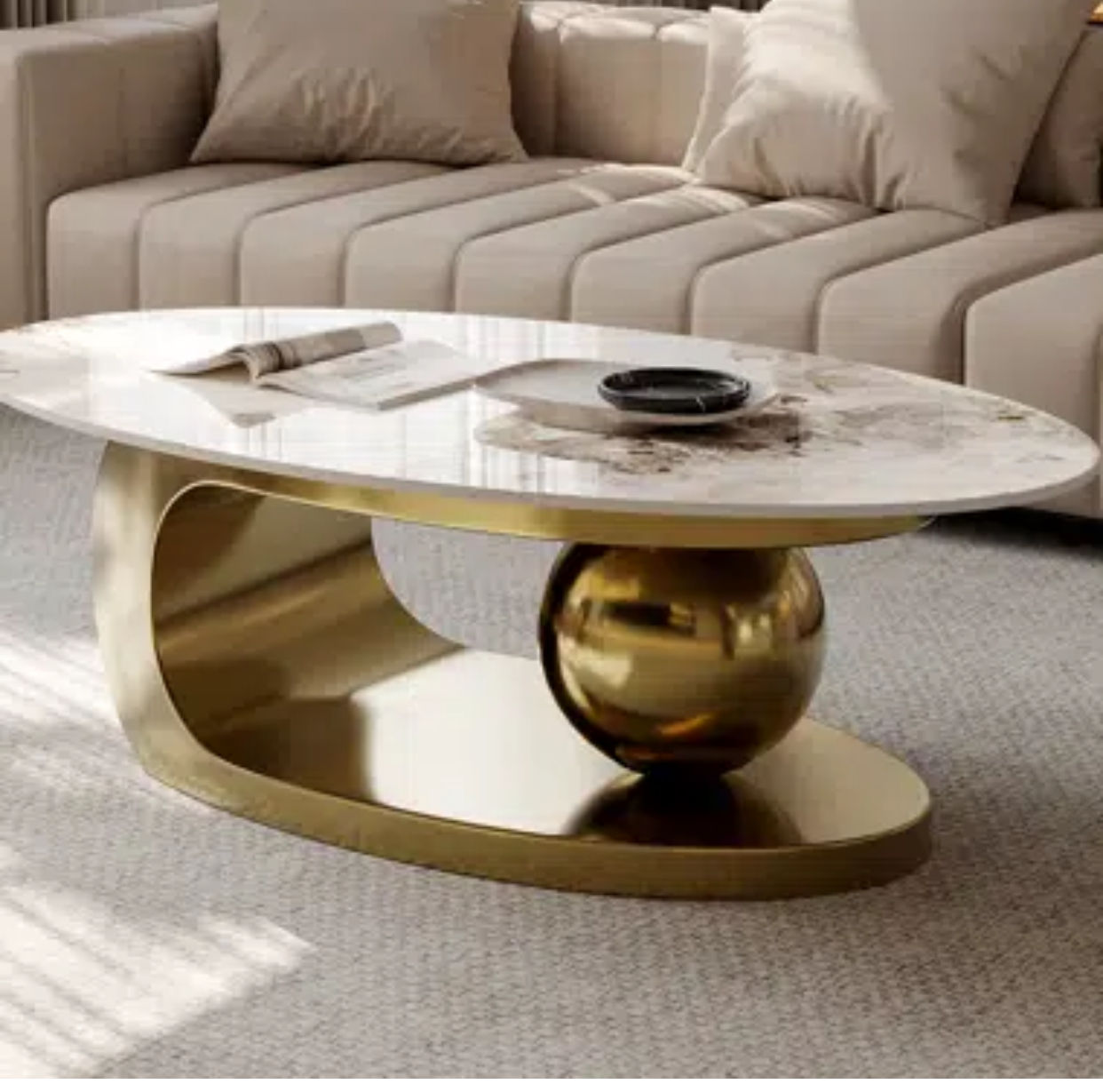Asher Luxurious Stone Top Gold Oval Coffee Table