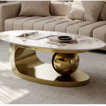 Asher Luxurious Stone Top Gold Oval Coffee Table