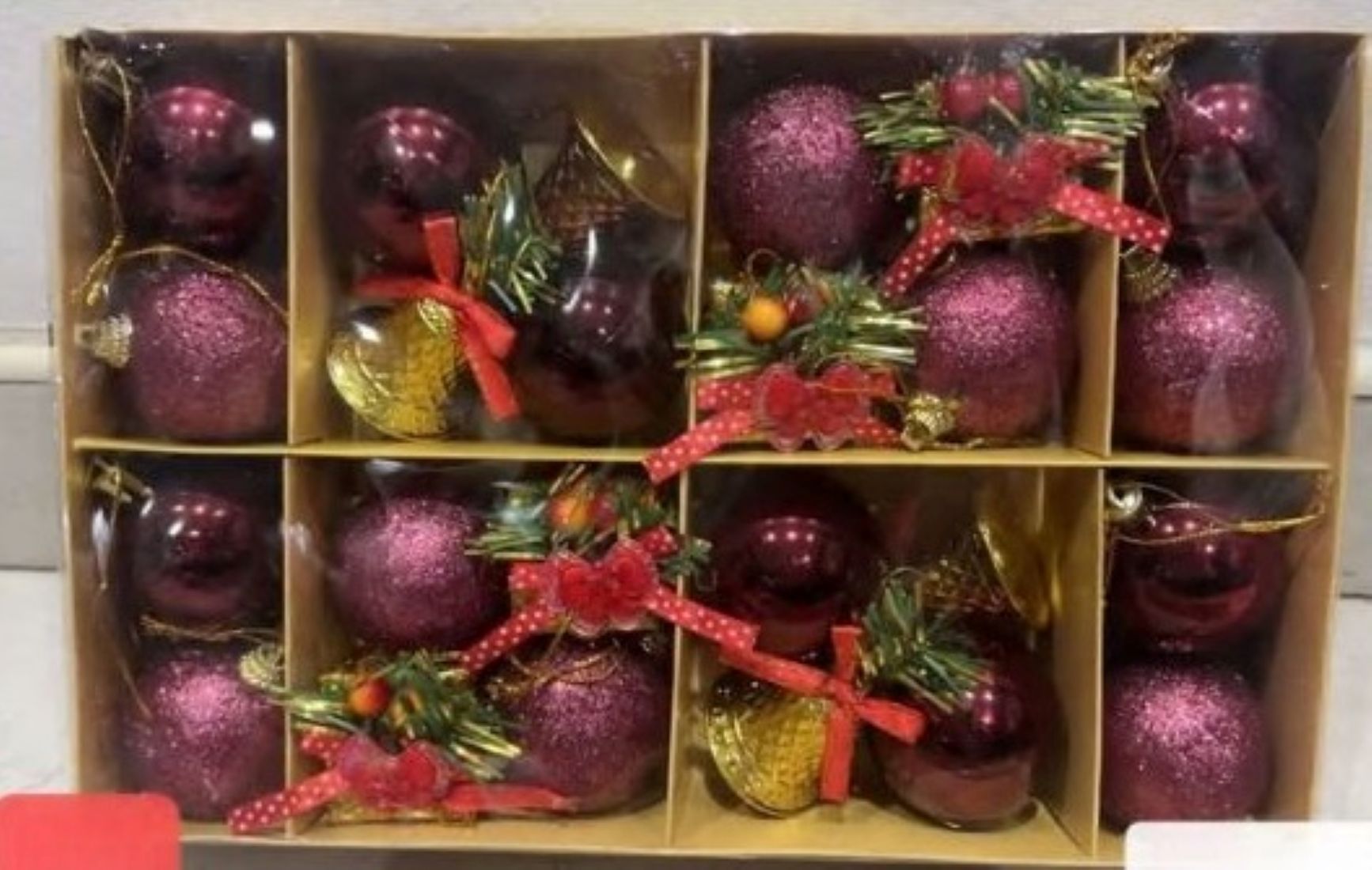 Christmas Tree Ornaments, Purple Glitter Baubles with Red Ribbon, 24-Piece Set-purple