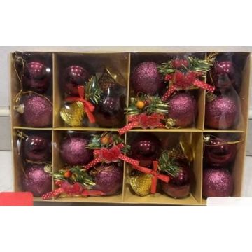 Christmas Tree Ornaments, Purple Glitter Baubles with Red Ribbon, 24-Piece Set-purple