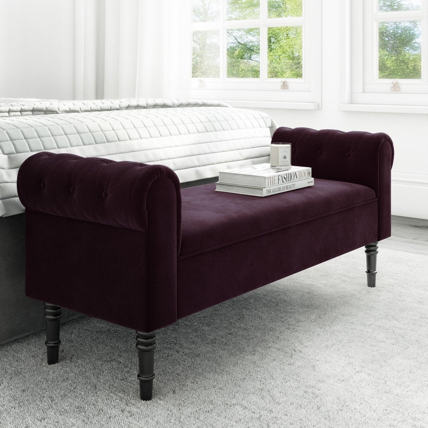 Velvet End of Bed Bench with Chesterfield Armrests - Purple