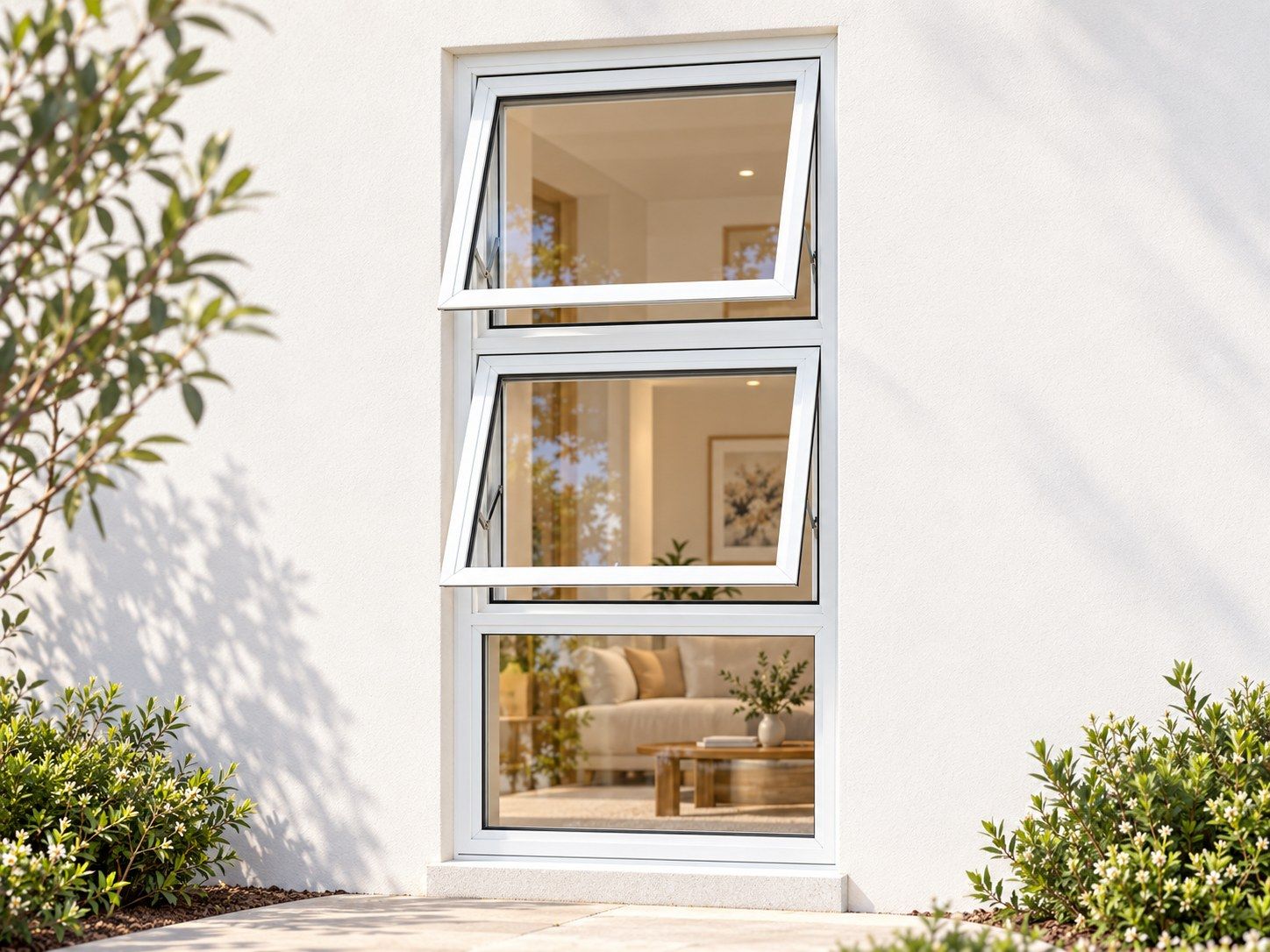 Kenzo Premium Top-Hung Aluminium Window - White, 900 1500 mm, Two Stacked Openers with Fixed Lower Pane, Clear Glass