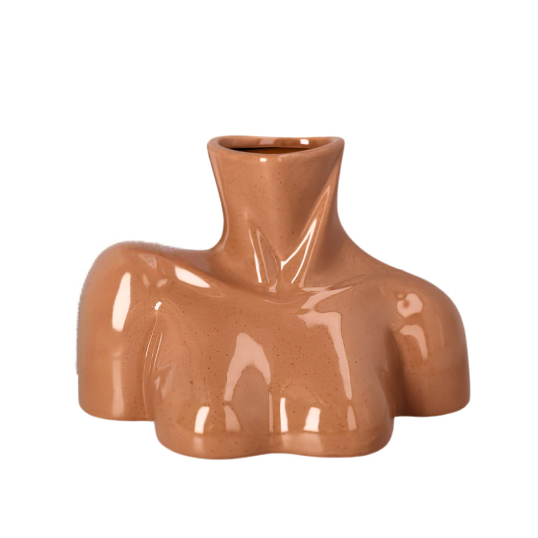 Danny Home Modern Sculptural Female Torso Ceramic Flower Vase – Glossy Warm Caramel