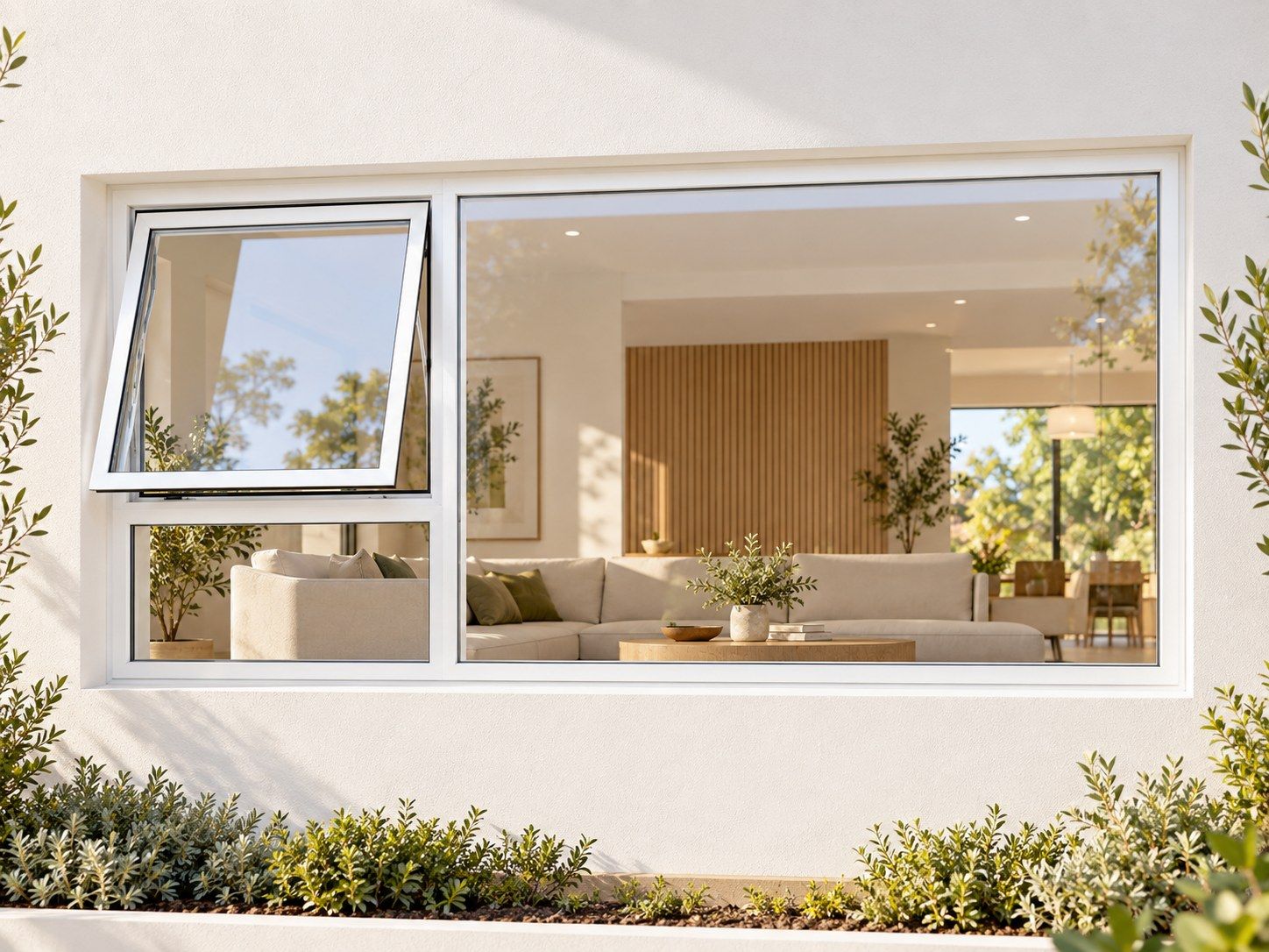 Kenzo Premium Top-Hung Aluminium Window - White, 2400 900 mm, Left Upper Opener with Fixed Lower and Side Panes, Clear Glass
