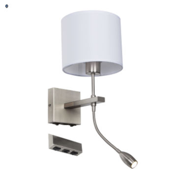 Satin Chrome Wall Bracket with White Fabric Shade Gooseneck Arm for LED USB and 2 Switches