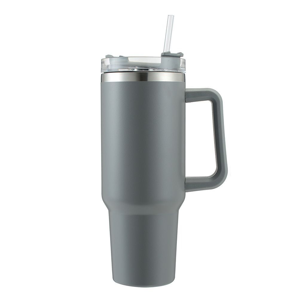 Double Wall Travel Mug Stainless Steel Vacuum Flask & Straw Hot/Cold 1,2L - Grey