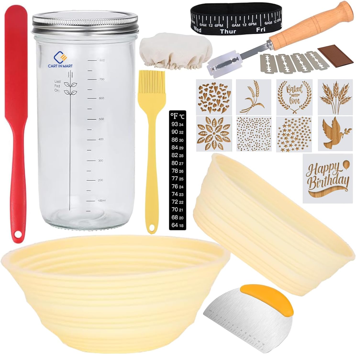 Sourdough Starter Kit With Bread Proofing Basket,Glass Jar, Baking Supplies