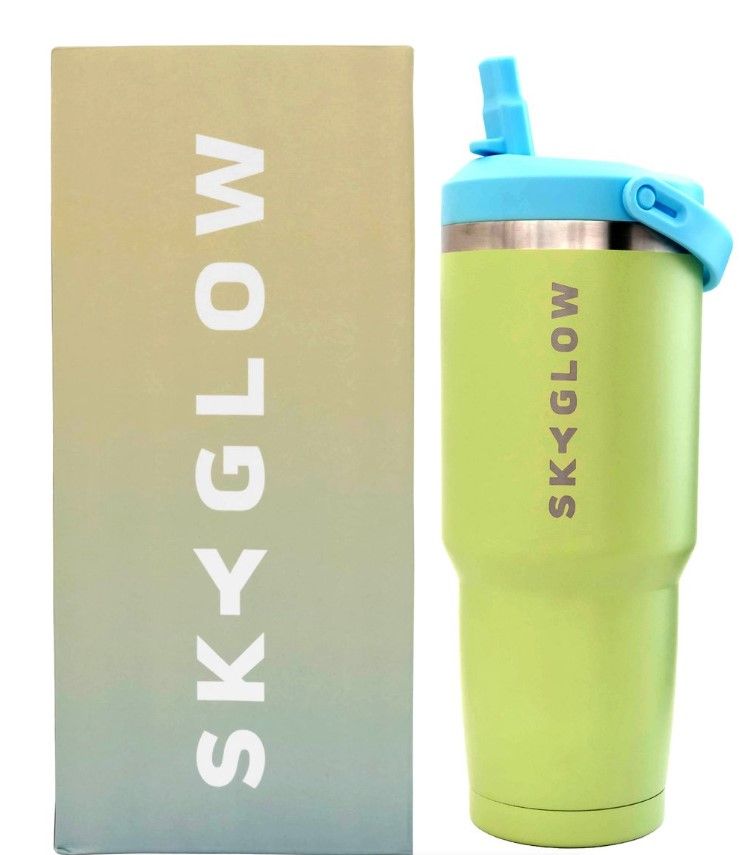 SkyGlow -Stainless Steel Tumbler with Straw, Vacuum Insulated Water Bottle - Coral Green