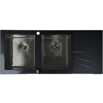 Mahina Double Bowl Glass Kitchen Sinks Black- Gun Metal Grey