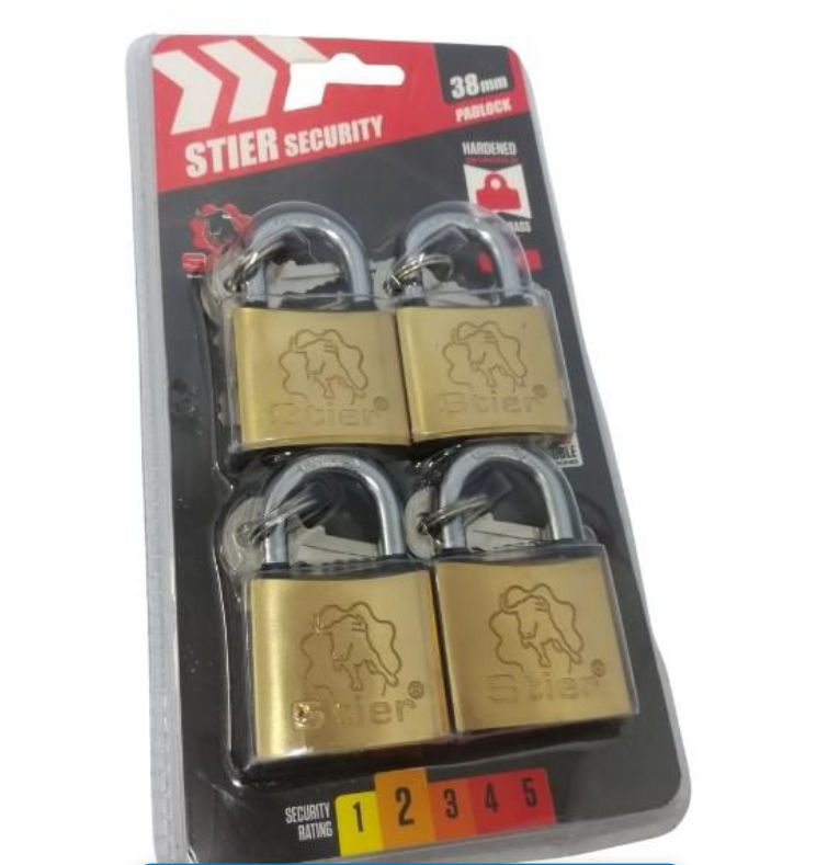 Stier - Solid Brass Padlocks 4 Pack with 12 x Keys - 38mm