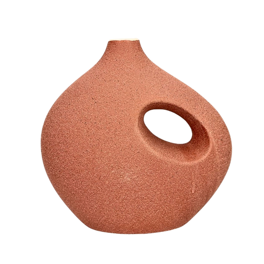 Danny Home Modern Asymmetric Ceramic Pitcher Flower Vase with Cutout Handle (21 x 11.5 x 20.7cm) – Textured Matte Terracotta Rust