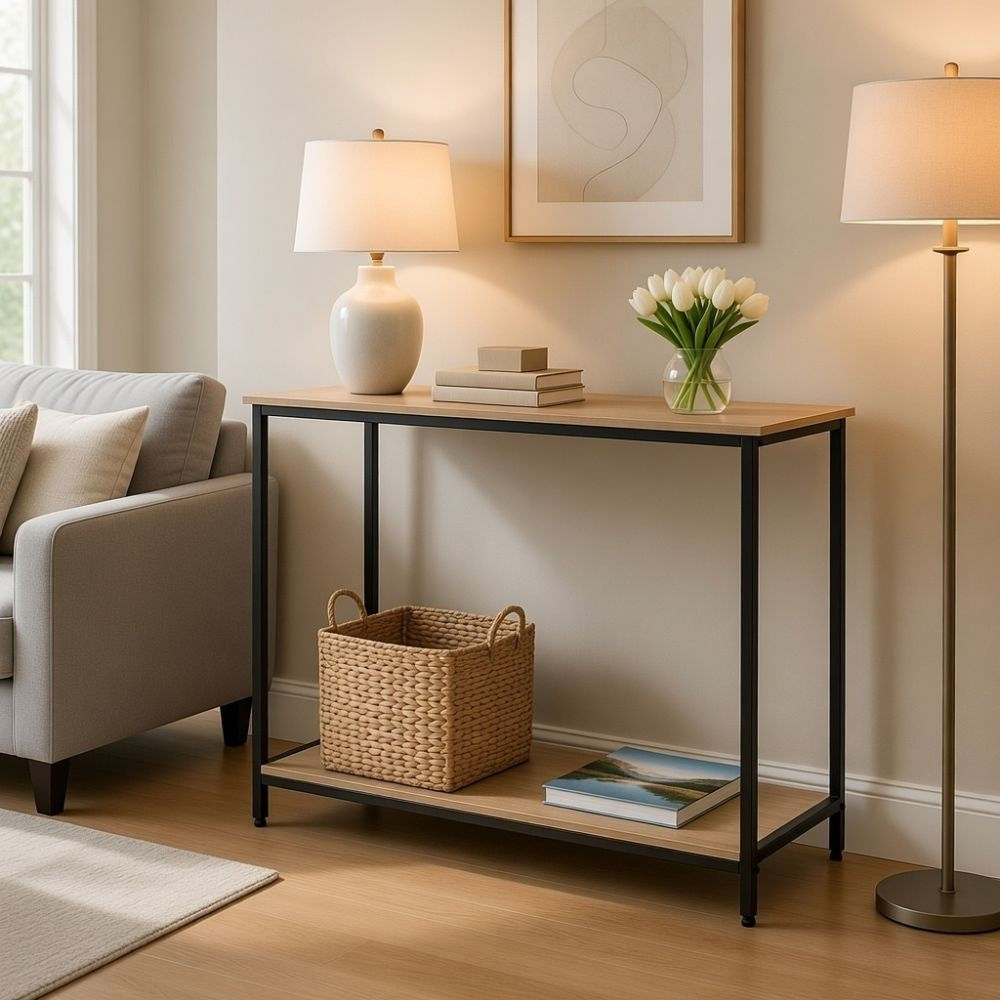 Bragg Essential Console Table with Shelf, Oak & Black