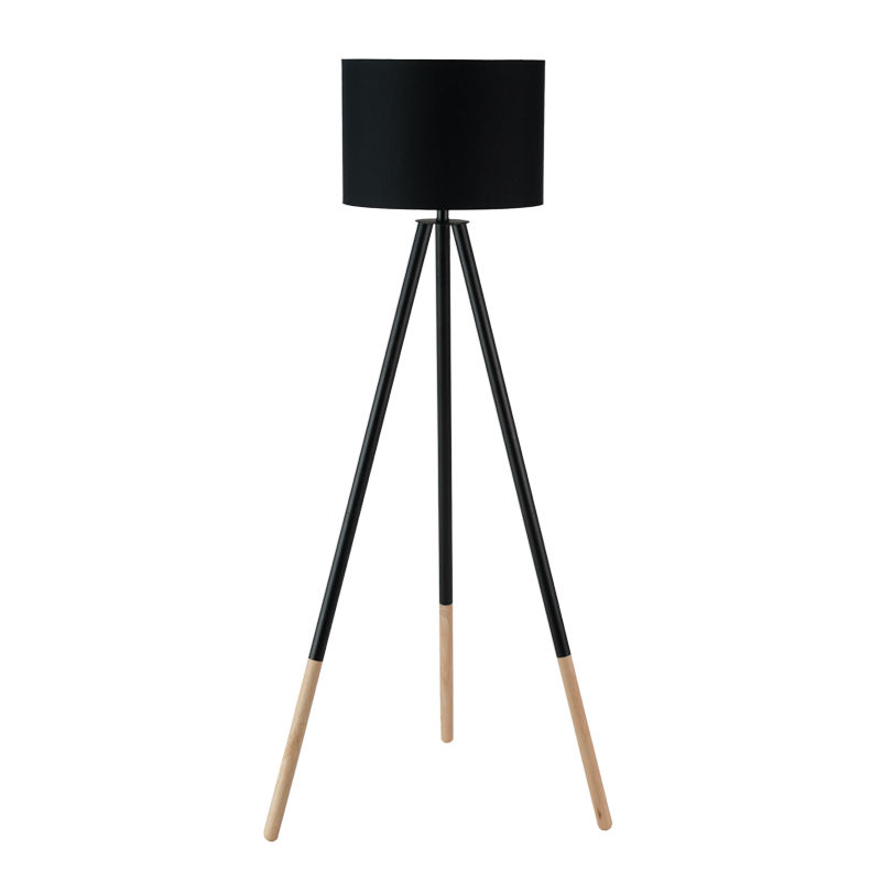 LAMP FLOOR-WOODEN TRIPOD-BLACK FABRIC SHADE 156cm