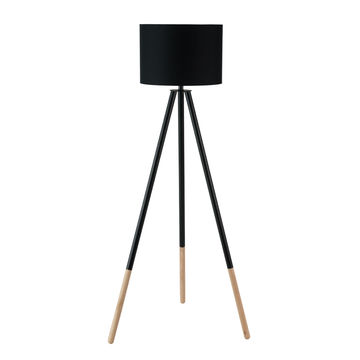 LAMP FLOOR-WOODEN TRIPOD-BLACK FABRIC SHADE 156cm