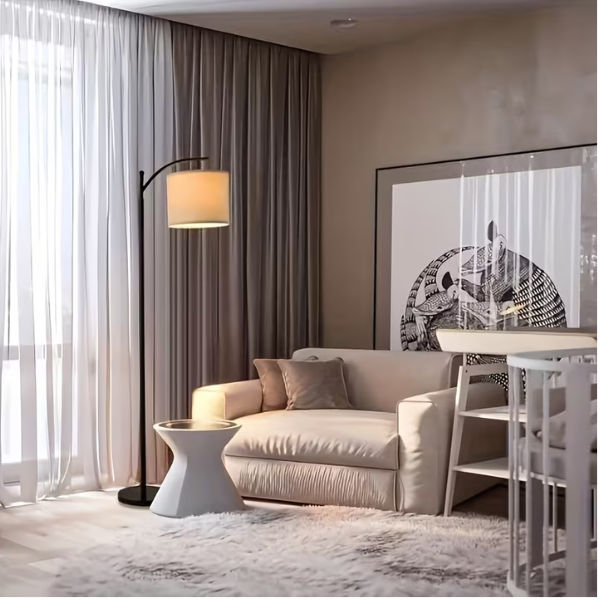 Modern Arc Floor Lamp with Cream Fabric Shade