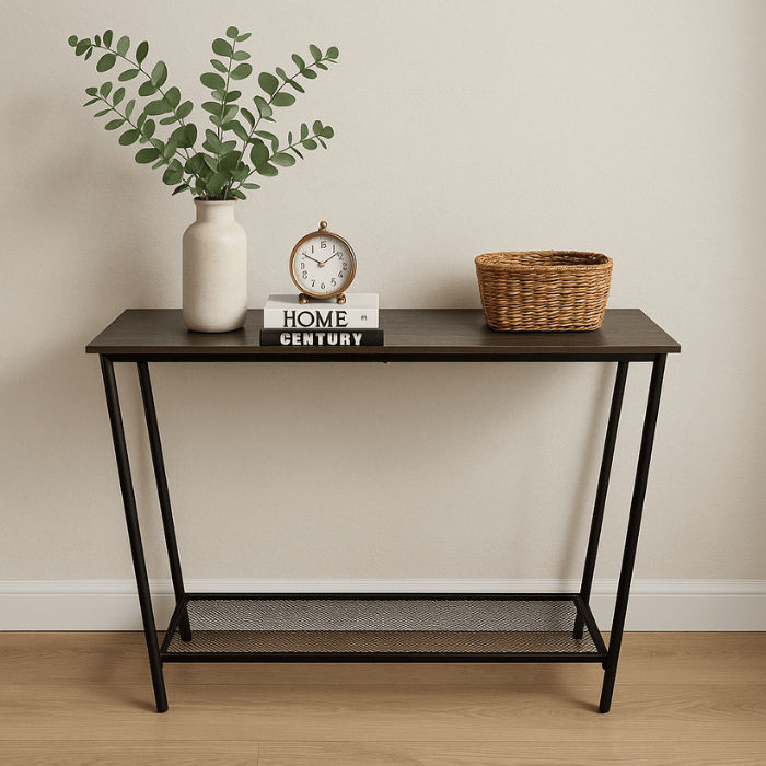 Timberline Entryway Console Table – Stormwood Finish with Steel Mesh Shelf