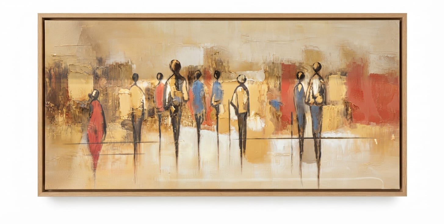 Framed Abstract City Strollers Canvas Art with Natural Wooden Frame