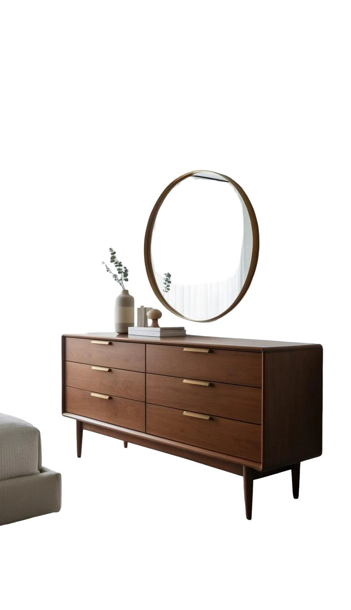 Scandinavian Mid-Century Walnut 6-Drawer Buffet (Without Mirror)