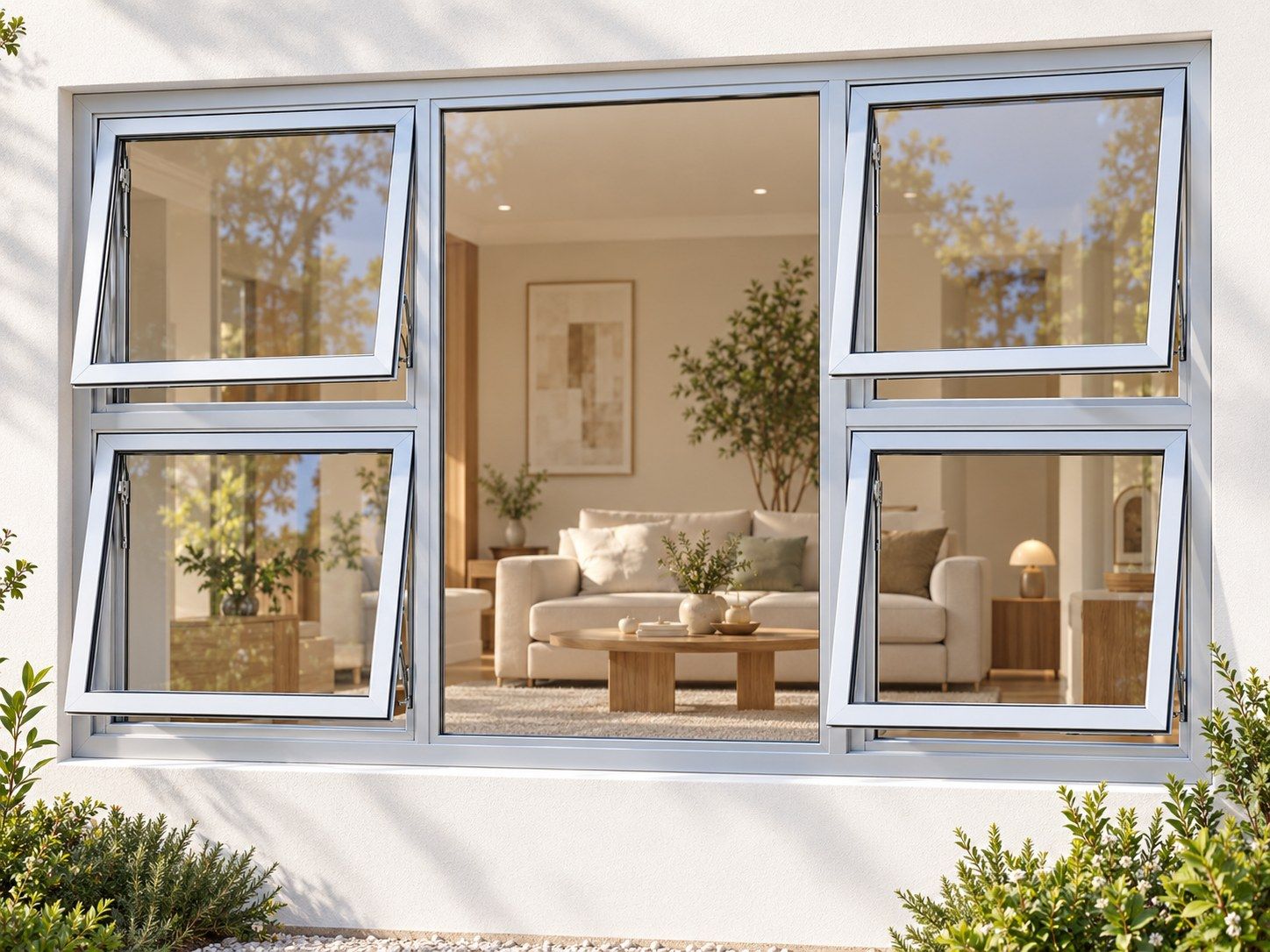 Kenzo Premium Top-Hung Aluminium Window - Silver, 1800 1200 mm, Four Openers with Fixed Centre, Clear Glass