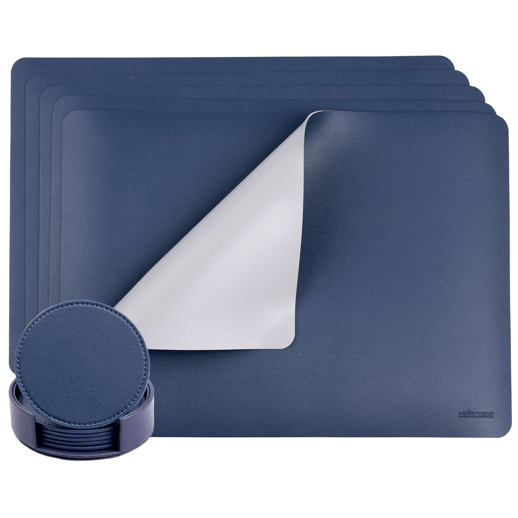 Heartdeco PU Leather Dual Tone 6 Placemats & 6 Coasters Set - Dark Blue