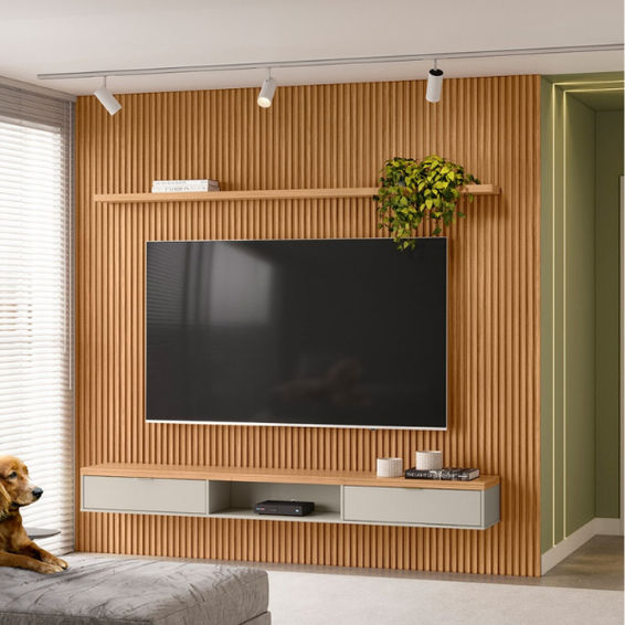 Demora Modular Slatted Panel 2.6m Plasma Stand With Shelf