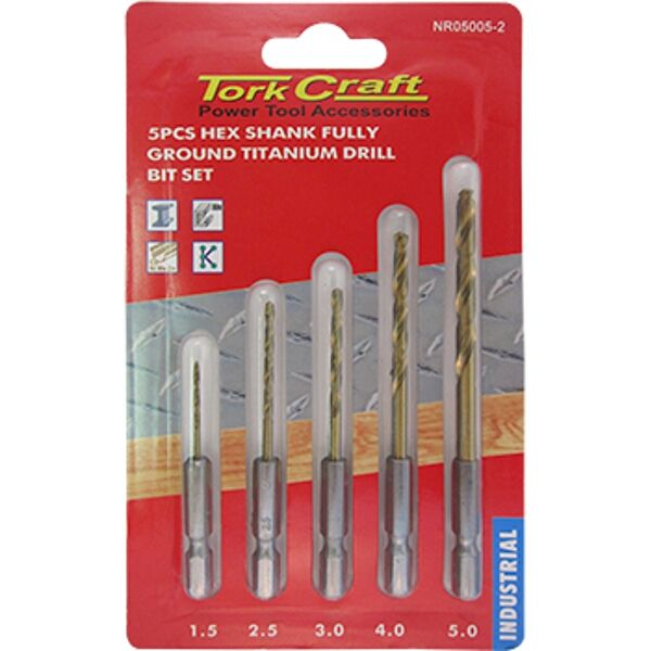 Drill Bit Set 5Pcs Hss Fully Ground Titanium Hex Shank 1.5/2.5/3/4/5Mm