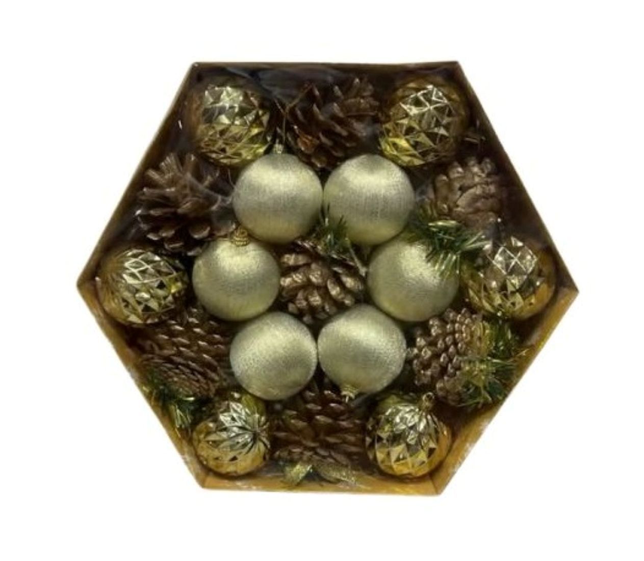 Christmas Ornament Set, Pine Cones and Baubles, Hexagon Gift Box-Gold