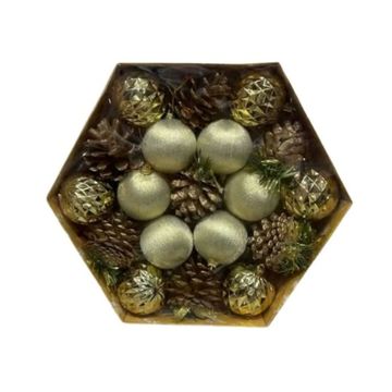 Christmas Ornament Set, Pine Cones and Baubles, Hexagon Gift Box-Gold