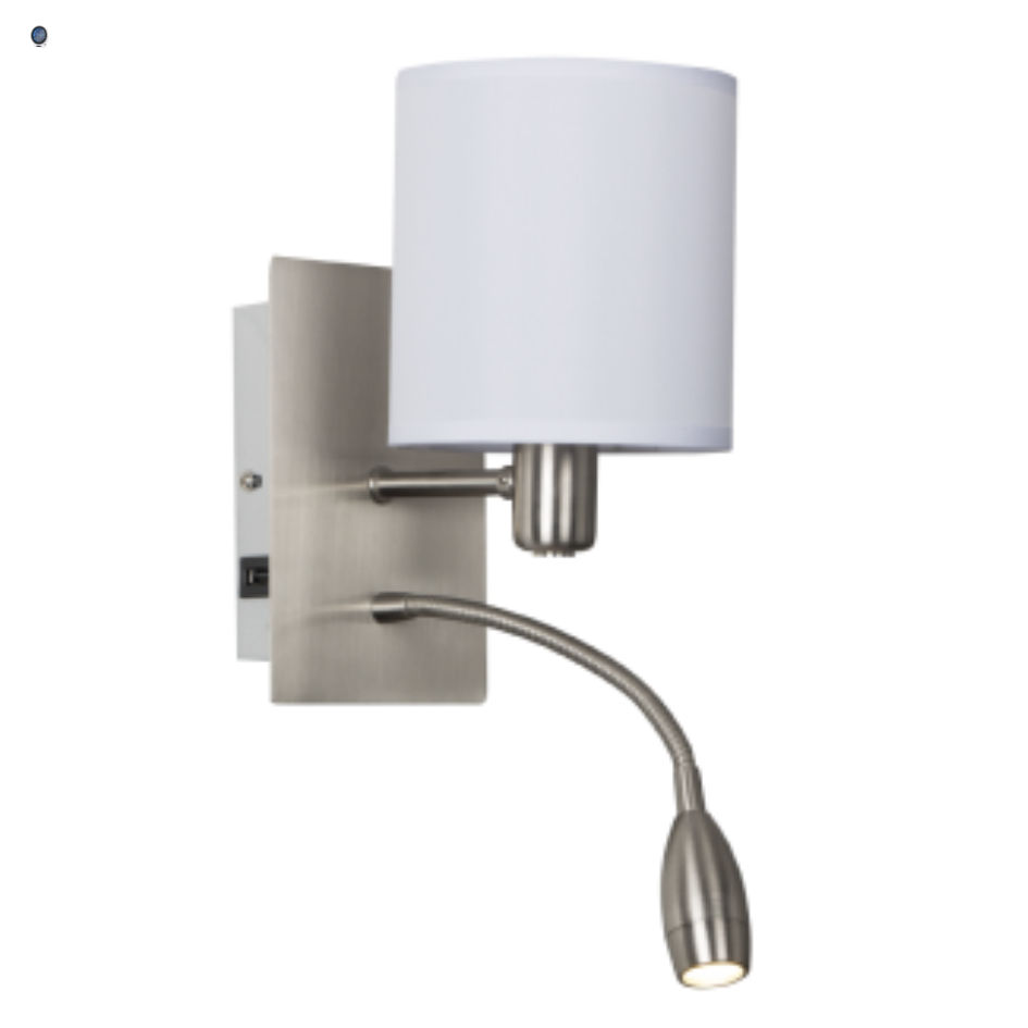 Satin Chrome Wall Bracket with White Fabric Shade Gooseneck Arm for LED USB and 2 Switches