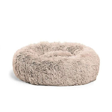 Pet Calming Bed for Dogs Cats Fluffy Round Doughnut Cuddler - Light Brown - M
