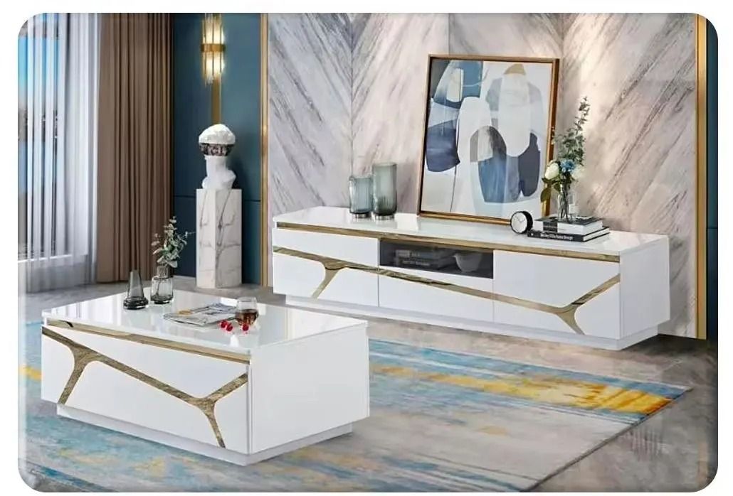 LBM FURN- Magnificent White & Gold Wooden TV Stand And Coffee Table Set