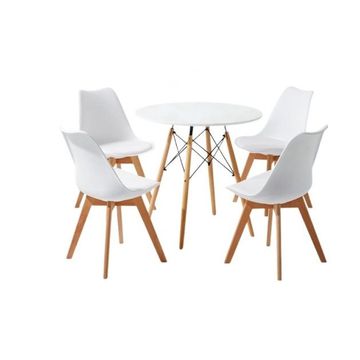 Modern White Dining Set( 1 Round Table and 4 Padded Chairs)