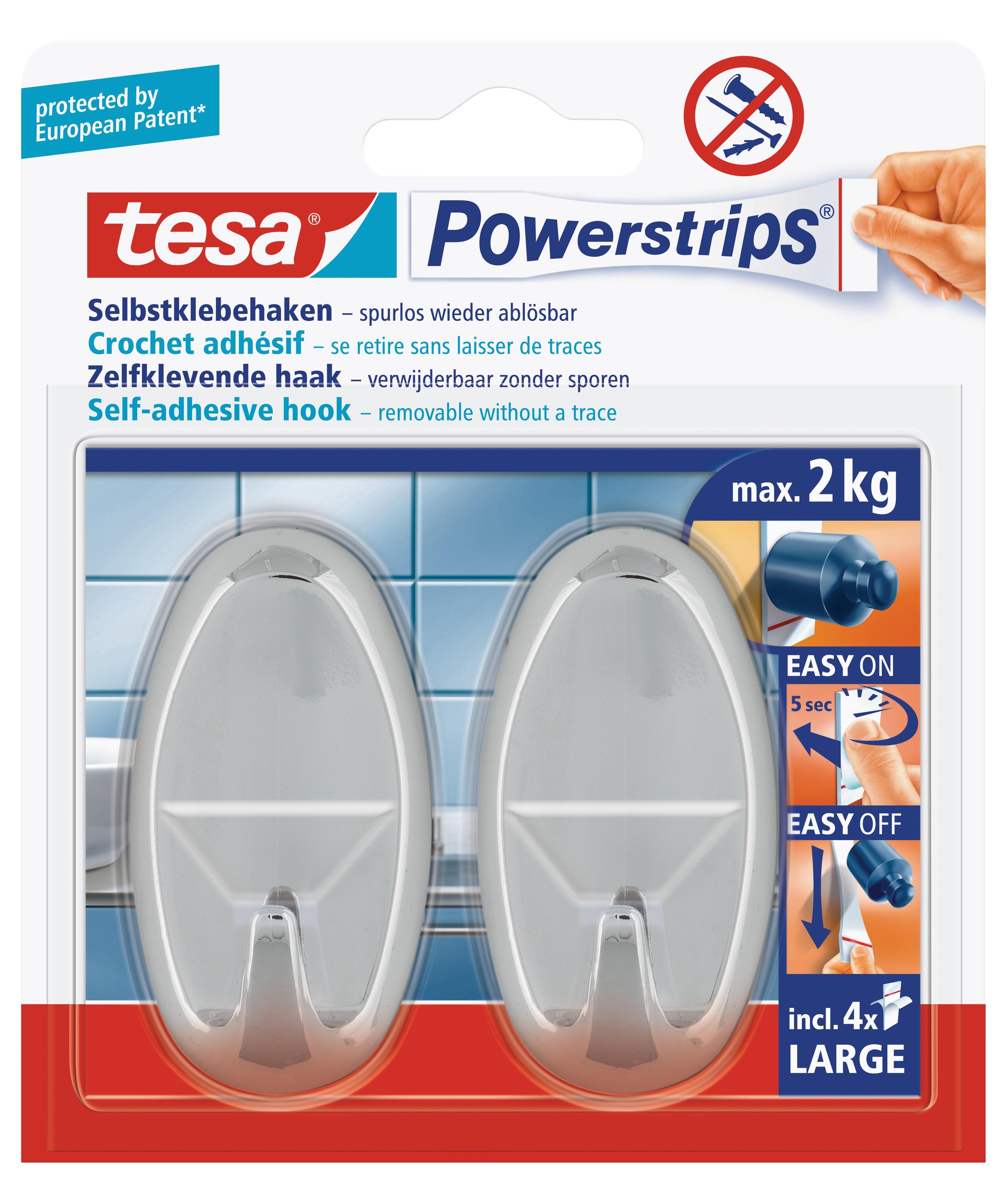 TESA Powerstrips Hooks Large Oval 2 Hooks/4 Strips Chrome