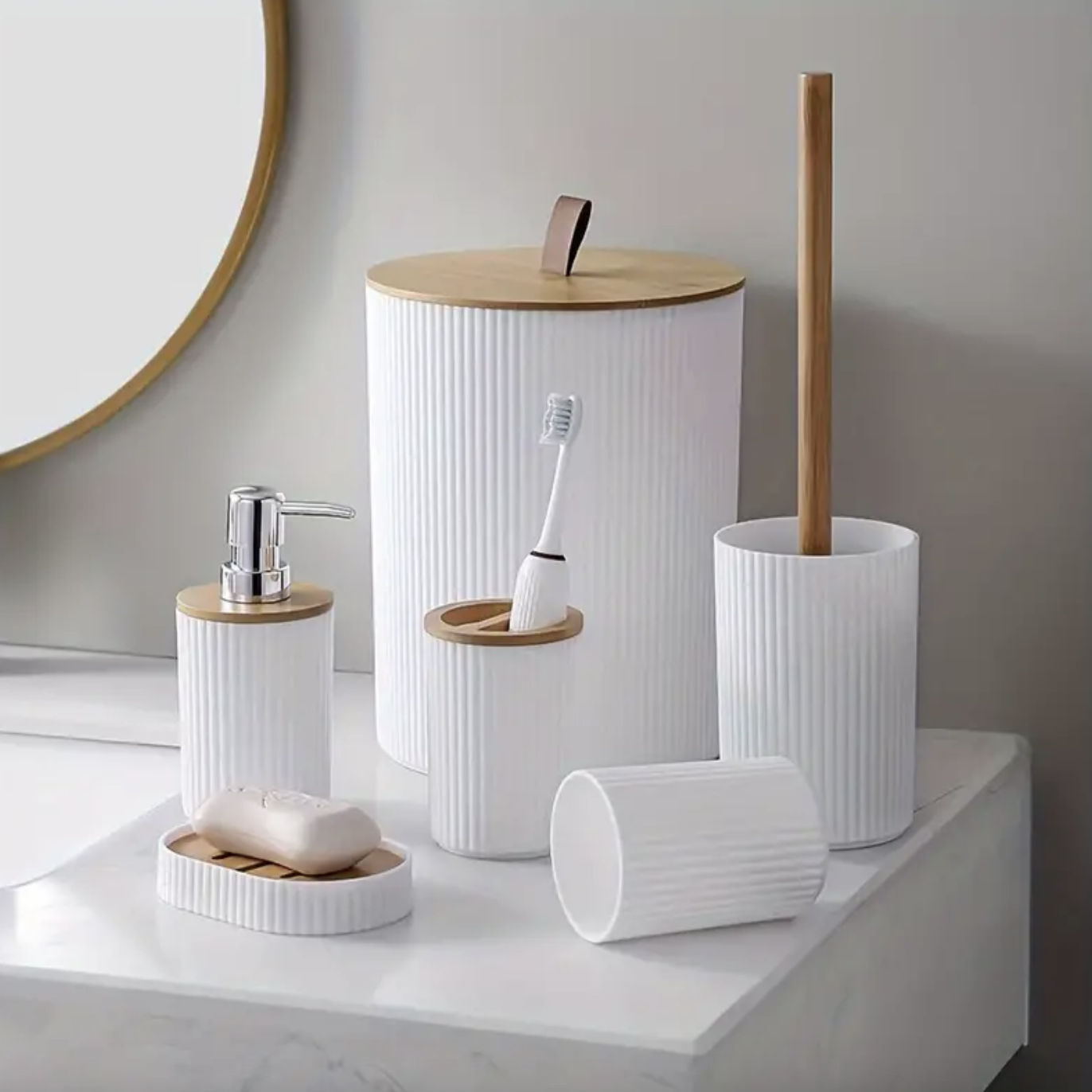 6Pc Bathroom Accessory Set With Wooden Lid- WHITE