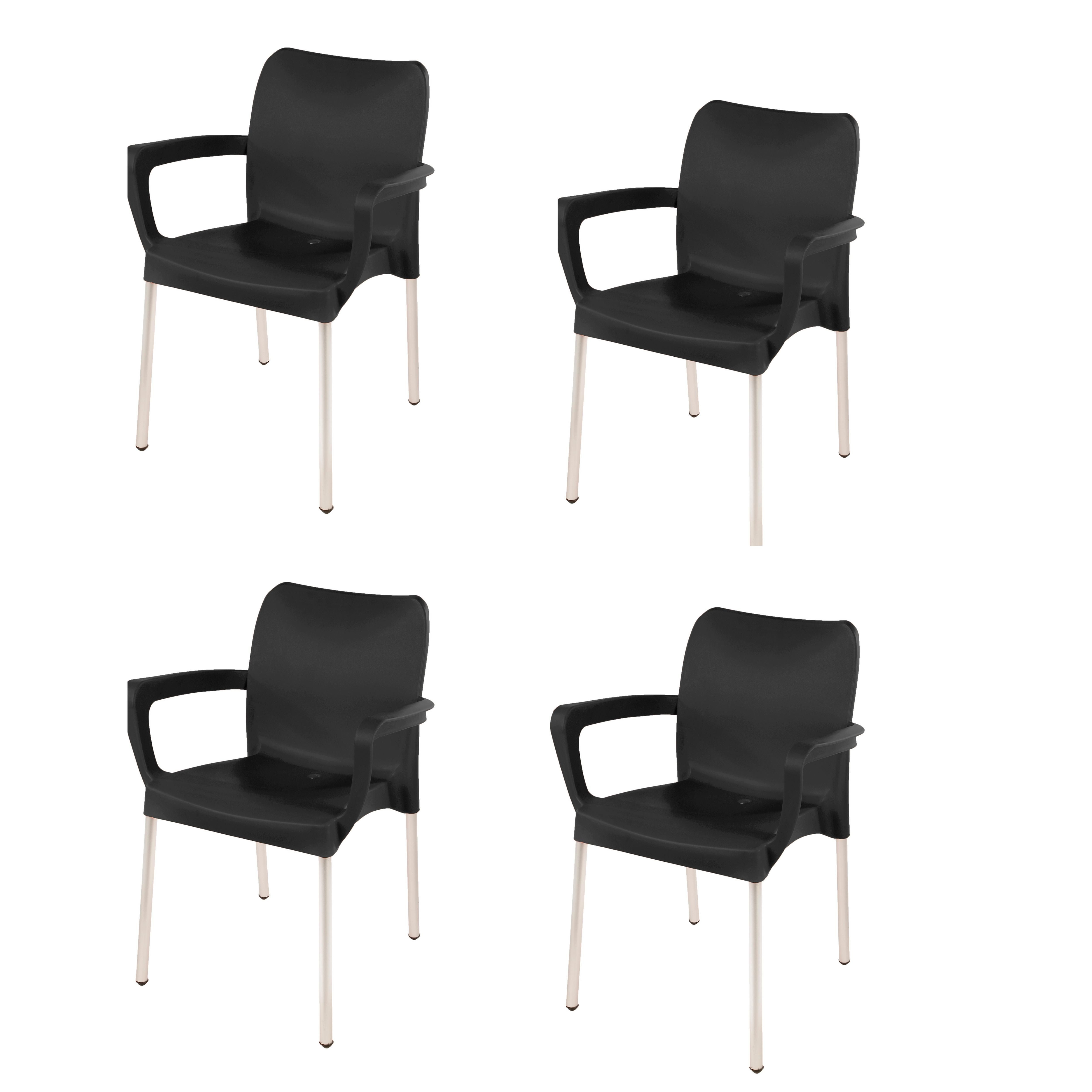 Heavy Duty Plastic Stacking Chair – Bistro Design with Armrests - Black - Set of 4