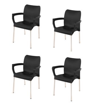 Heavy Duty Plastic Stacking Chair – Bistro Design with Armrests - Black - Set of 4