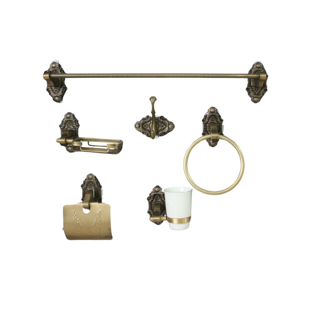 BATHROOM ACCESSORIES 6PC SET - ANTIQUE GOLD & WHITE